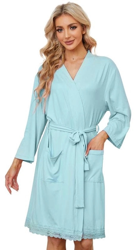 Badjas Damski Leggero Corta Camicia da Camera Con Bordo Liscio Camicia da Camera Loungewear 3/4 Maniche (Mint, L)