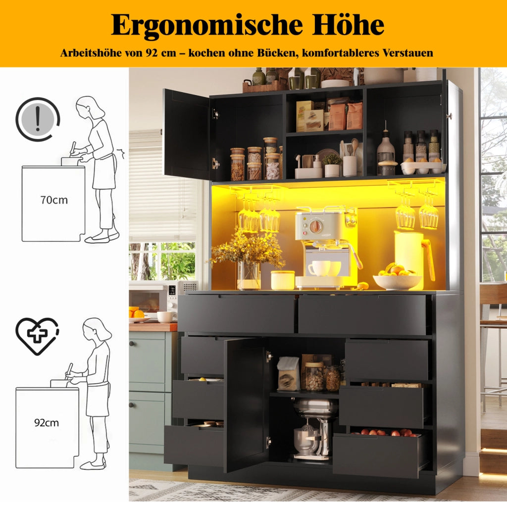 Colonna cucina con LED smart, 8 cassetti, MDF, nera