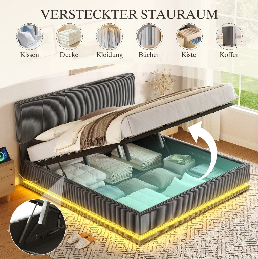 Letto imbottito 180x200 cm in velluto a coste grigio scuro con LED; USB-C e testiera regolabile
