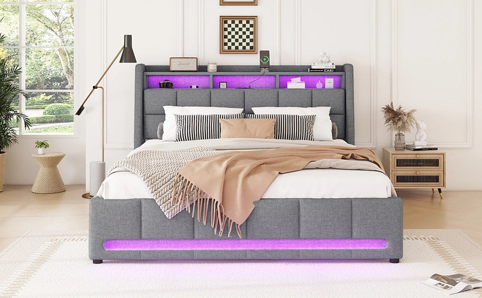 DESMIU Letto Matrimoniale Imbottito 140 × 200 cm con LED, USB, 2 Cassetti e Vano, senza materasso, Grigio