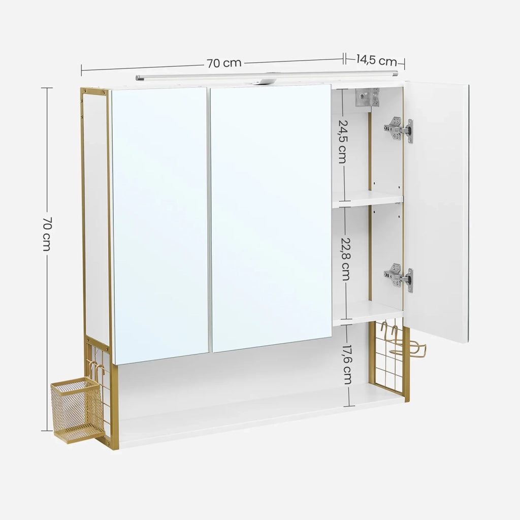Mobiletto da bagno sospeso con specchio 70 x 14,5 x 70 cm con luce LED 3 ante ripiano regolabile portaphon stile moderno chic bianco e oro 12_0004037