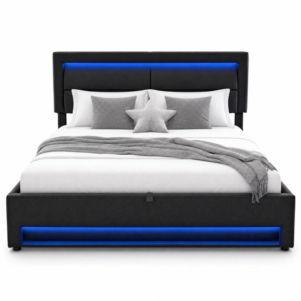Letto imbottito 160x200 cm con USB, illuminazione LED e contenitore, nero, senza materasso