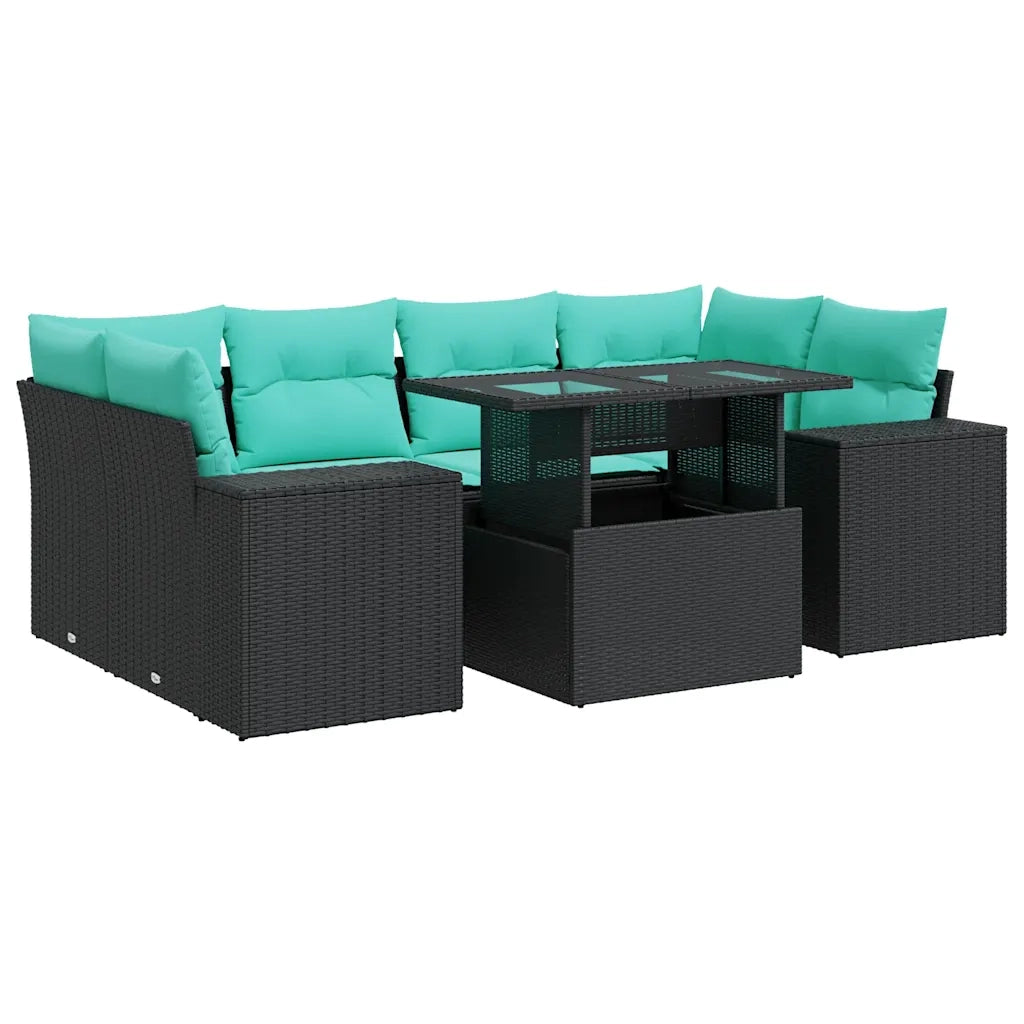 Set Divani da Giardino con Cuscini 7pz Nero Polyrattan Acacia
