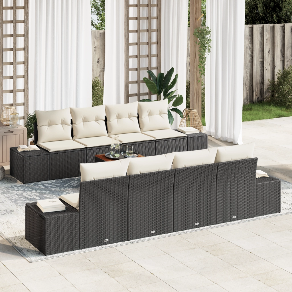 Set Divano da Giardino 9 Pezzi con Cuscini Nero Polyrattan Acacia