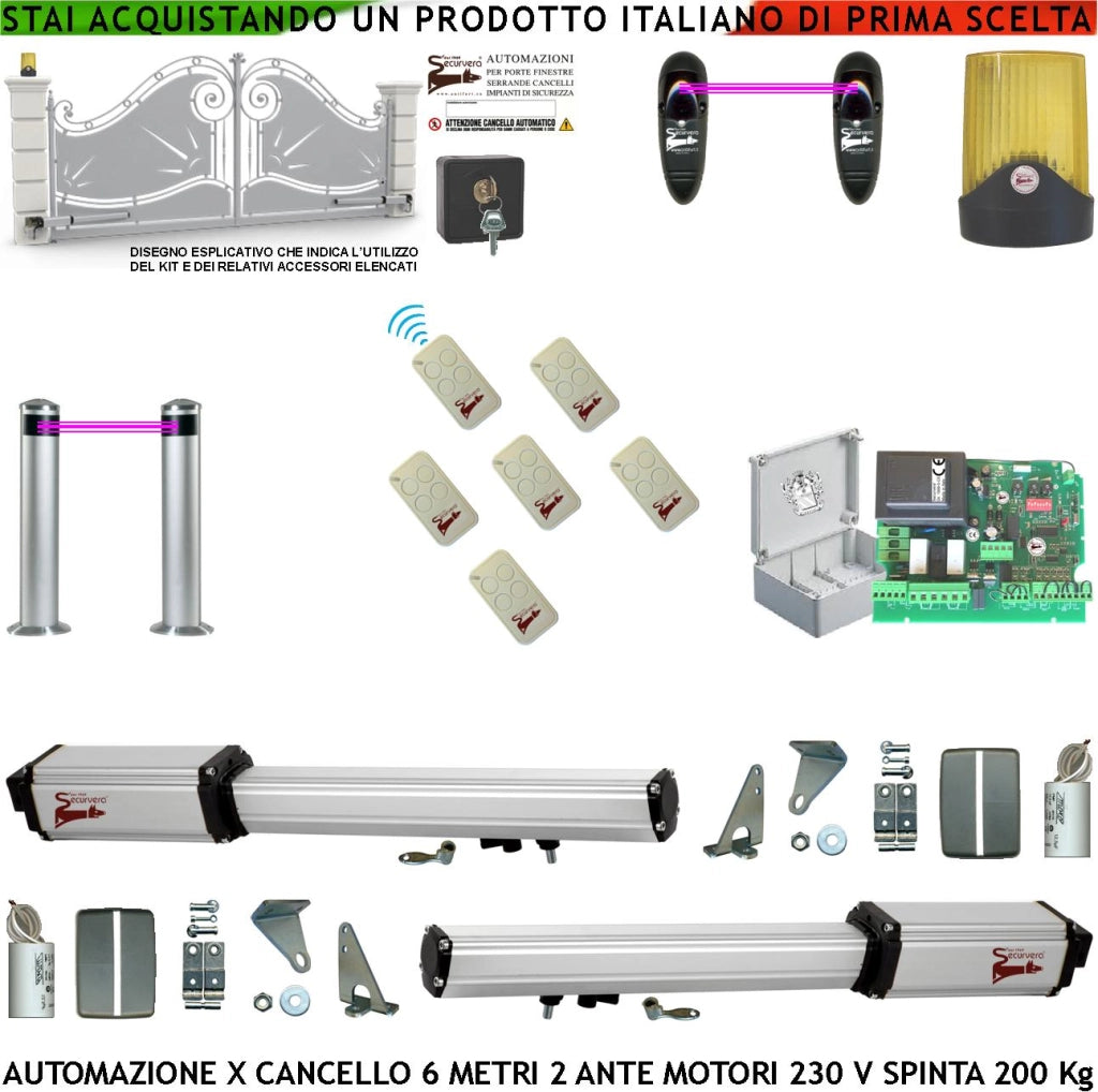 Cancello Automatico 6 Metri 2 Ante da 3 MT Kit Motori Elettromeccanici 230 V Sblocco Corsa 500mm Spinta 2 Q.tali Staffe 6 Radiocomandi 2 Coppie Fotocellule 2 Pali Selettore 2 Ck Faro Cartello Monitore