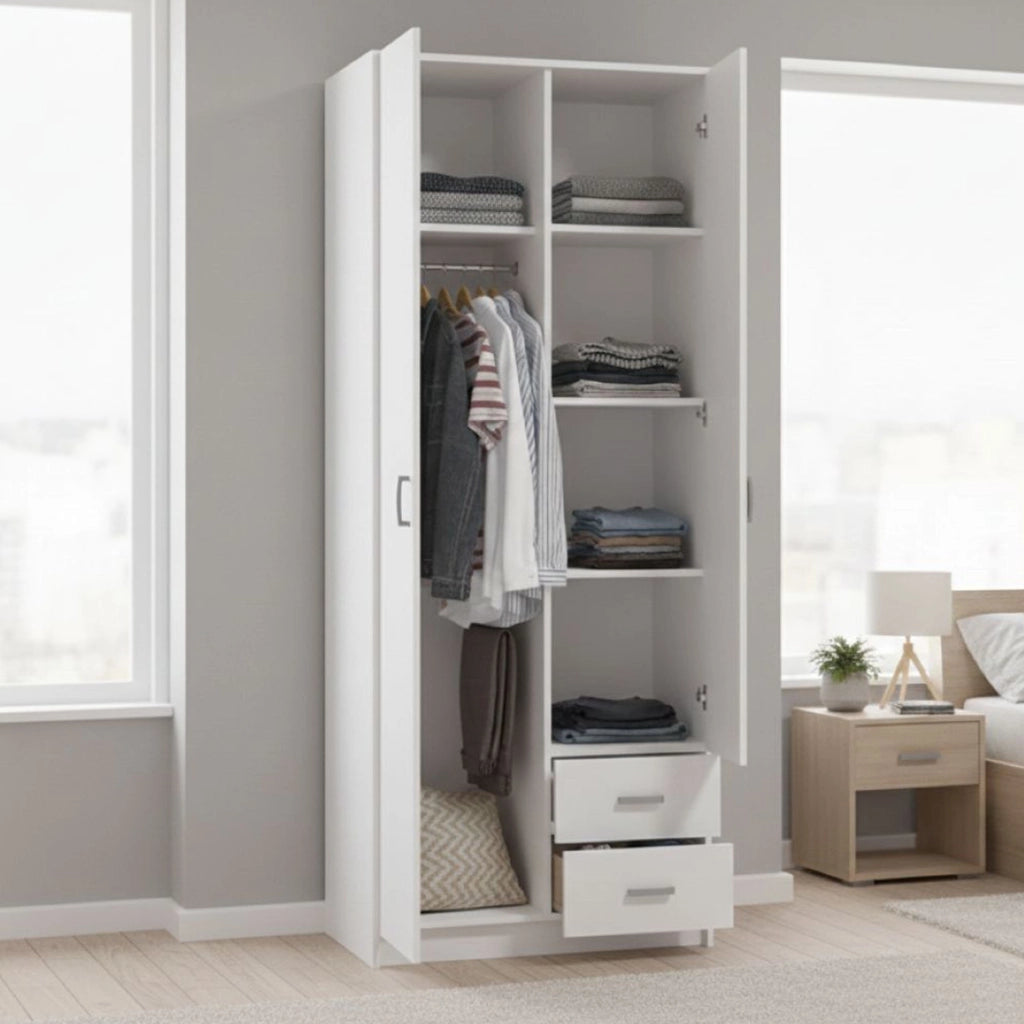Armadio Camera da Letto Cimena, Guardaroba 2 Ante Appendiabiti, 80x205h cm Bianco