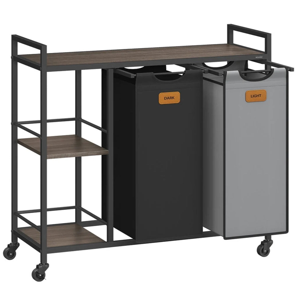 Cesto portabiancheria con 2 scomparti capacità 100 litri cestino con ruote carrello con ripiani sacco e tasche estraibili 6 etichette marrone nero grigio 12_0006651