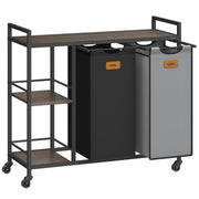 Cesto portabiancheria con 2 scomparti capacità 100 litri cestino con ruote carrello con ripiani sacco e tasche estraibili 6 etichette marrone nero grigio 12_0006651