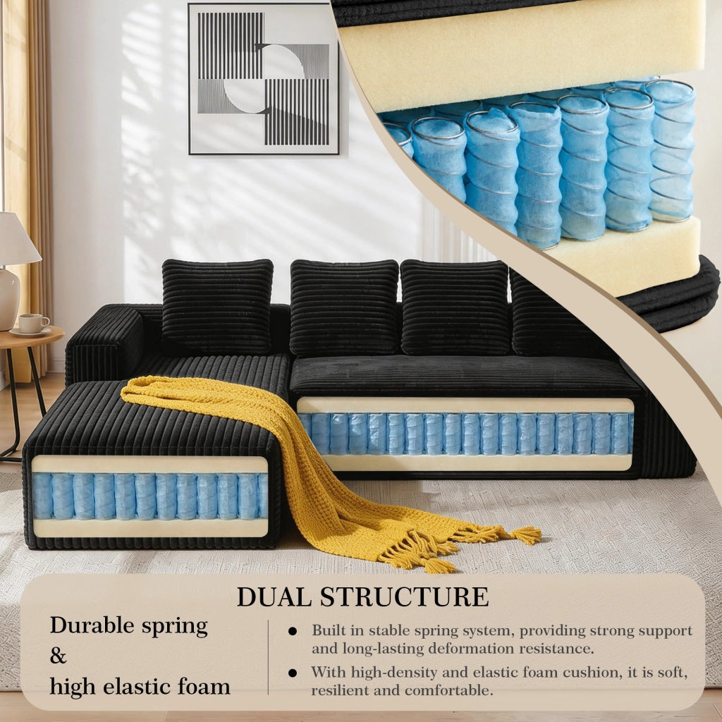 Divano angolare modulare reversibile con chaise e seduta profonda in velluto a coste nero 261 × 168 × 58 cm