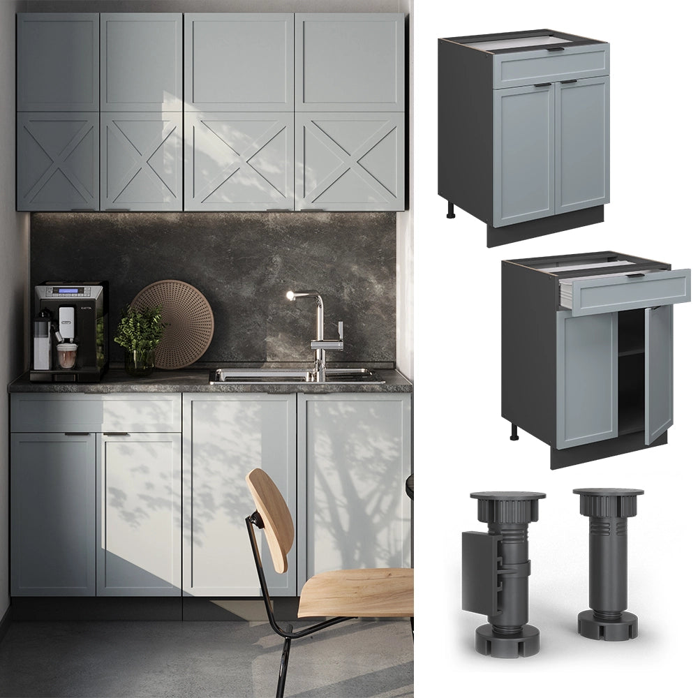 Mobiletto base per cucina Fame-Line Blu-grigio chiaro/Antracite 60 cm con cassetto, PL Rovere Vicco