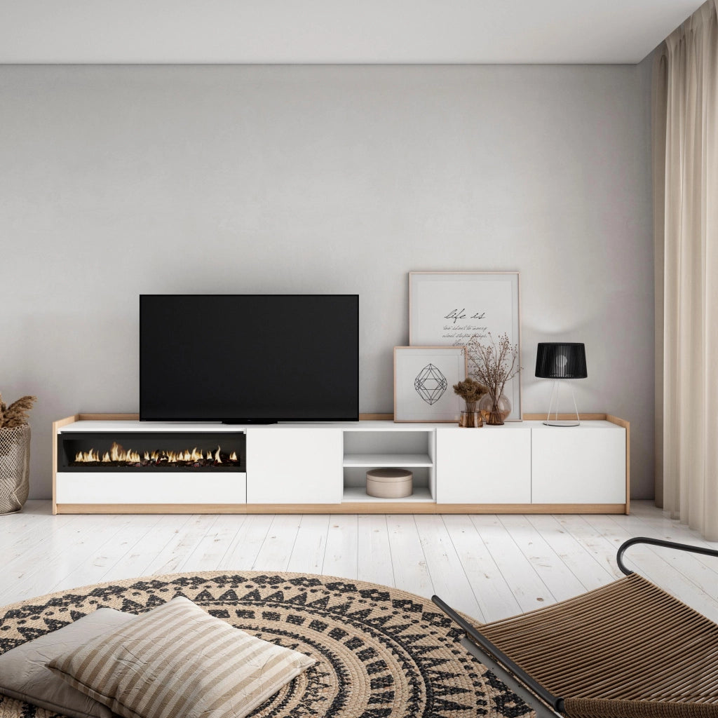 Mobile TV Soggiorno, 310x50x37 cm, Per TV fino a 80", Camino elettrico, Bianco e Rovere soft