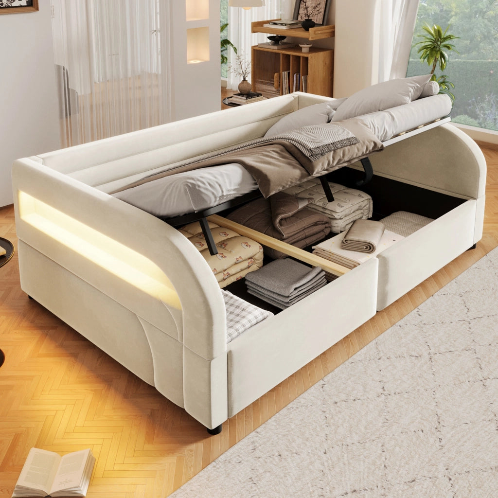 Letto Contenitore 140x200 cm con Rialzo Idraulico e Luce a LED; Beige