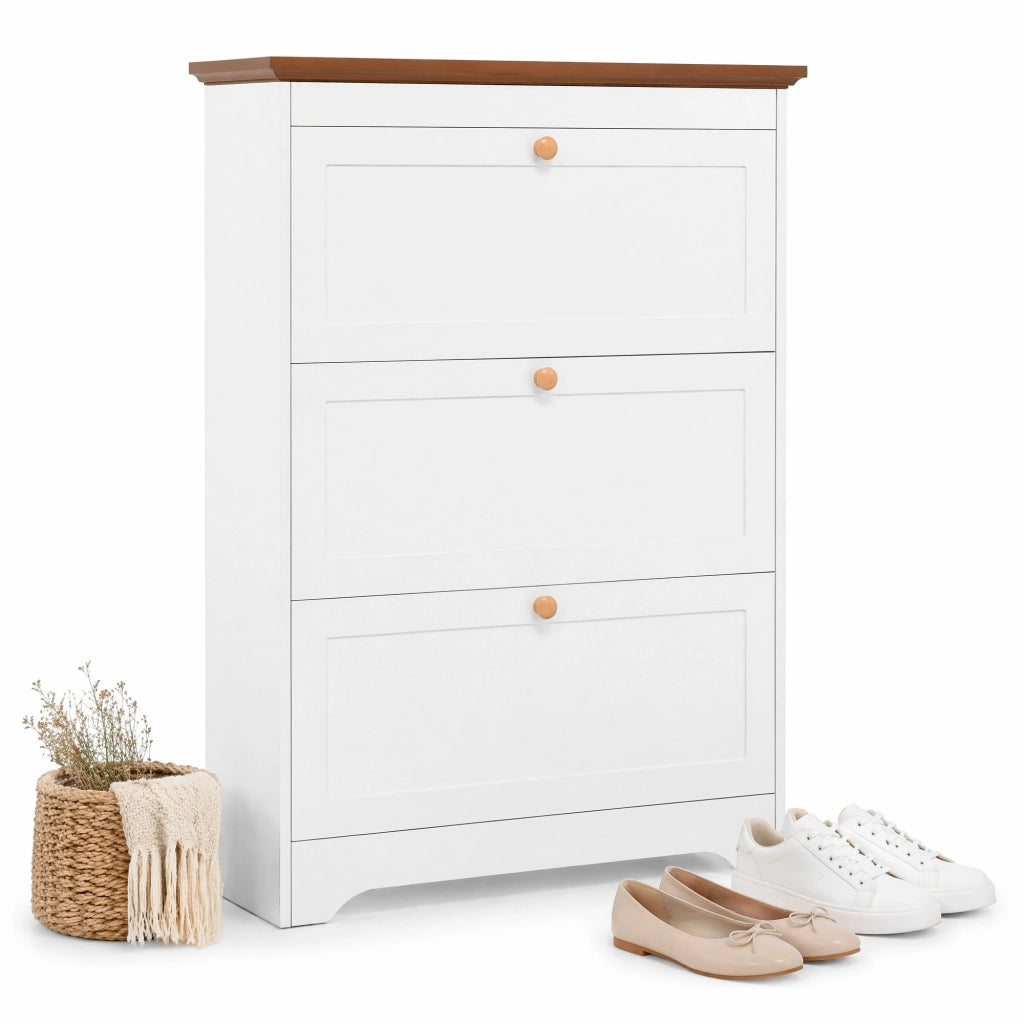 Scarpiera salvaspazio con 3 ribalte 87 x 26 x 120 cm in MDF bianco con piano marrone