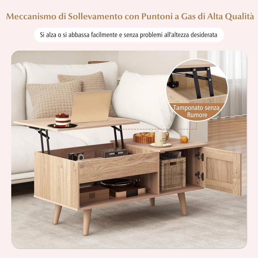 Tavolino da Caffè con Piano Sollevabile e Ripostiglio, Tavolino da Salotto con Armadietto, Comparto Nascosto e Mensola Aperta, Tavolino da Studio e Ufficio, 100 x 50 x 46 cm (Legno)