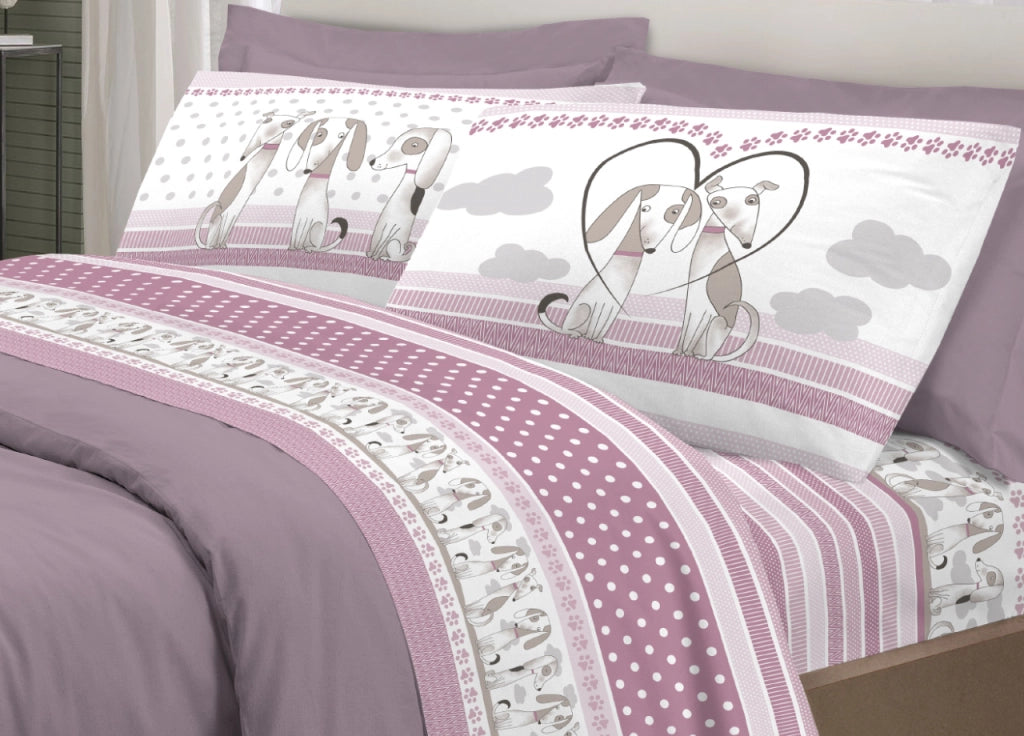 Completo Lenzuola Letto Pensieri Delicati 100% Cotone Dis. Bau Bau - Piazza E Mezza - Rosa