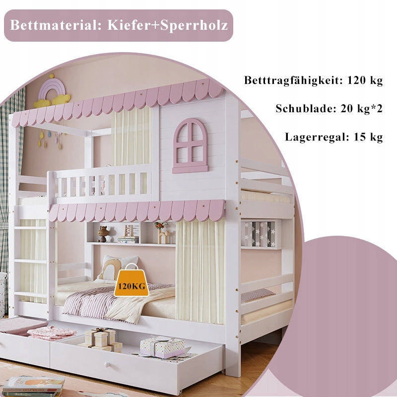 Letto a castello per bambini - Xylo - 90x200 - Bianco-rosa