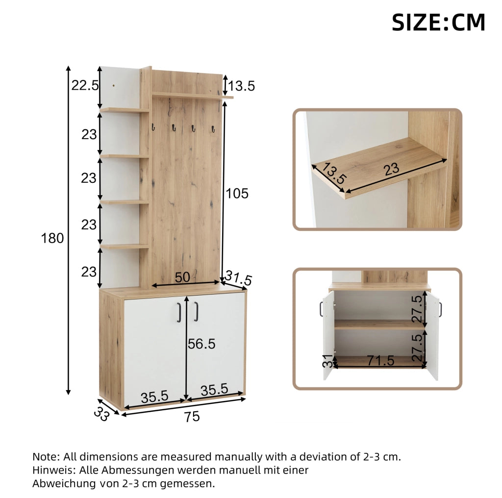 Mobile ingresso salvaspazio 75x33x180 cm in truciolare; colore legno naturale e bianco