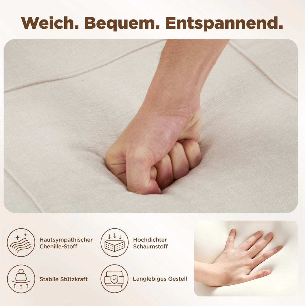 DIVANO LETTO 3 Posti Estraibile con Récamiere e Contenitore in Chenille Beige Chiaro