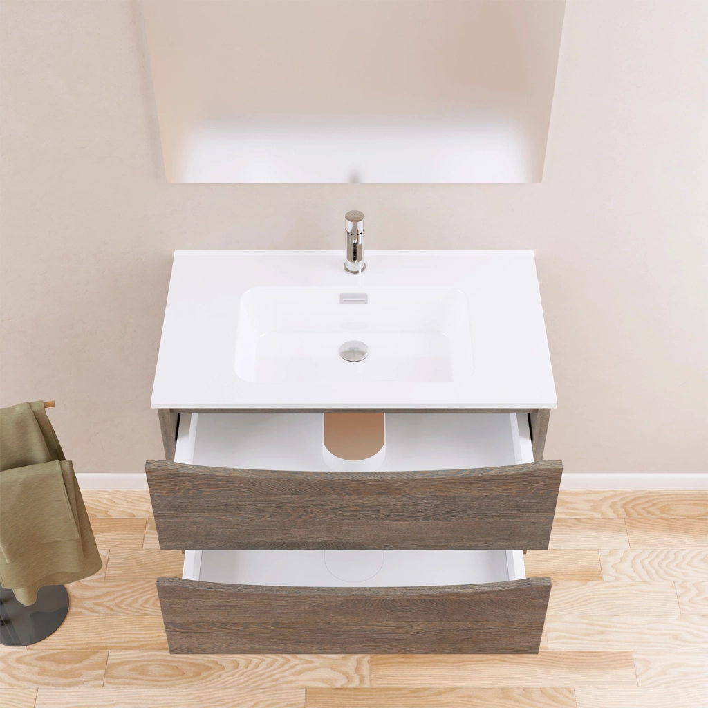 Mobile da bagno sospeso 80cm rovere scuro con lavabo e specchio | Aspen