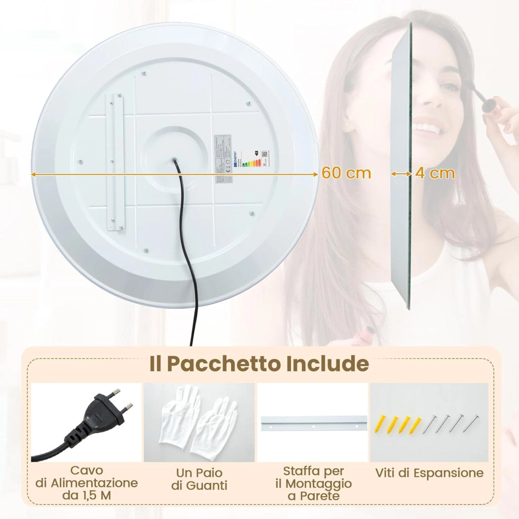 Specchio da Bagno a LED 60x60vm, Specchio Rotondo a Parete con Luci a 3 Colori, Lettura di Tempo e Temperatura, Funziona Anti-Appannamento e Impermeabile IP44, Specchio Cosmetico