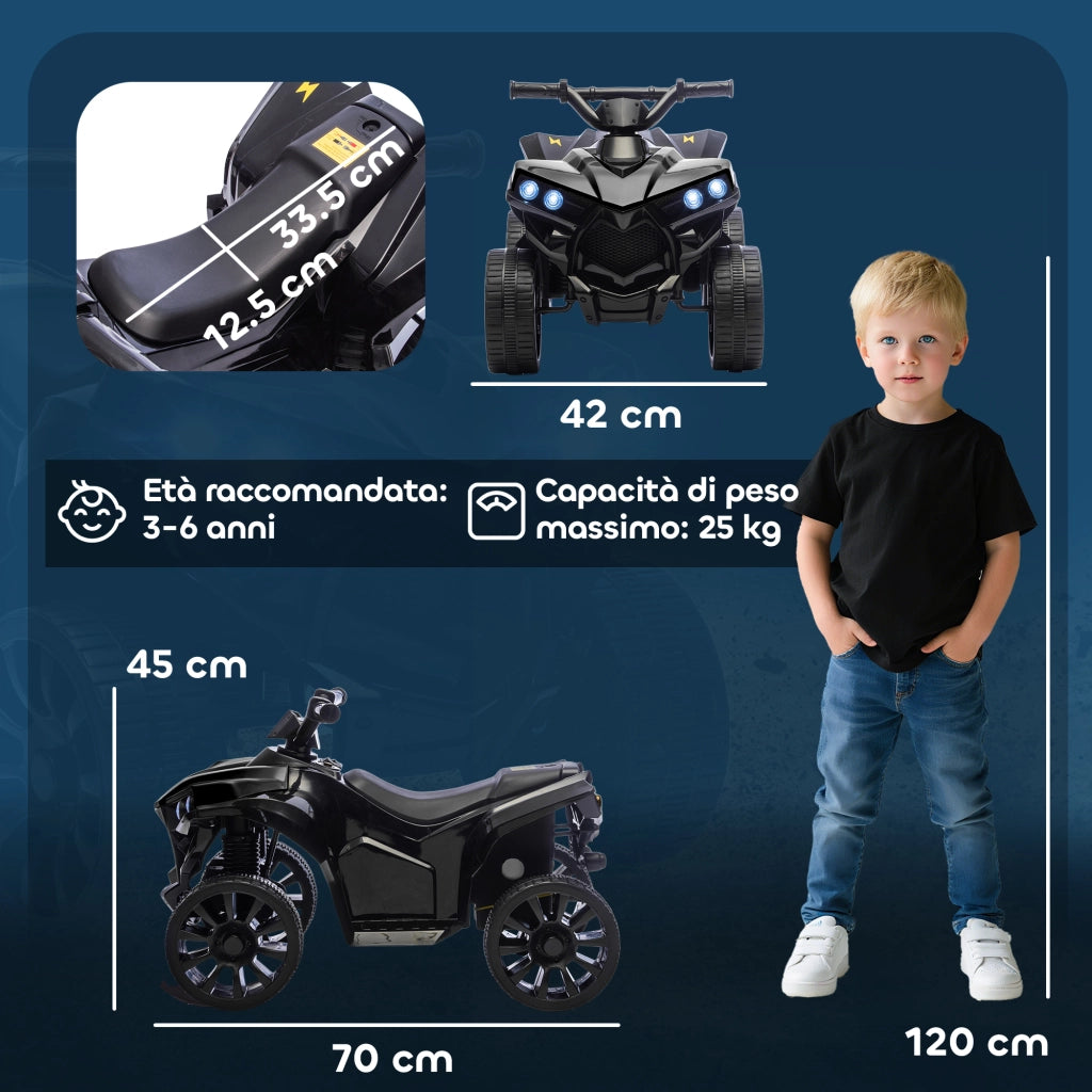 Quad Elettrico per Bambini ATV con Batteria Ricaricabile 6V, Fari LED e Musica, Et¨¤ 3-6 Anni, Nero