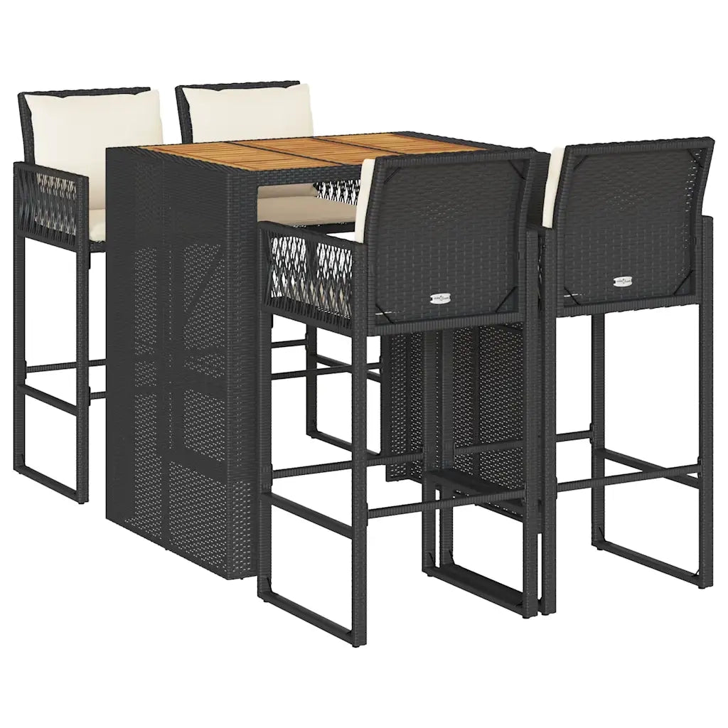 vidaXL Set Bar da Giardino 5 pz con Cuscini Nero in Polyrattan Acacia