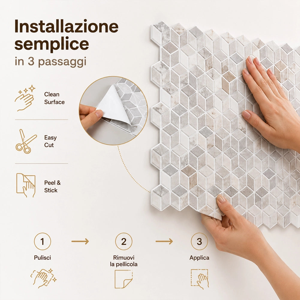 Set 10 Pannelli Adesivi Piastrelle da Parete 30,5 cm Decoro Geometrica in PVC Beige