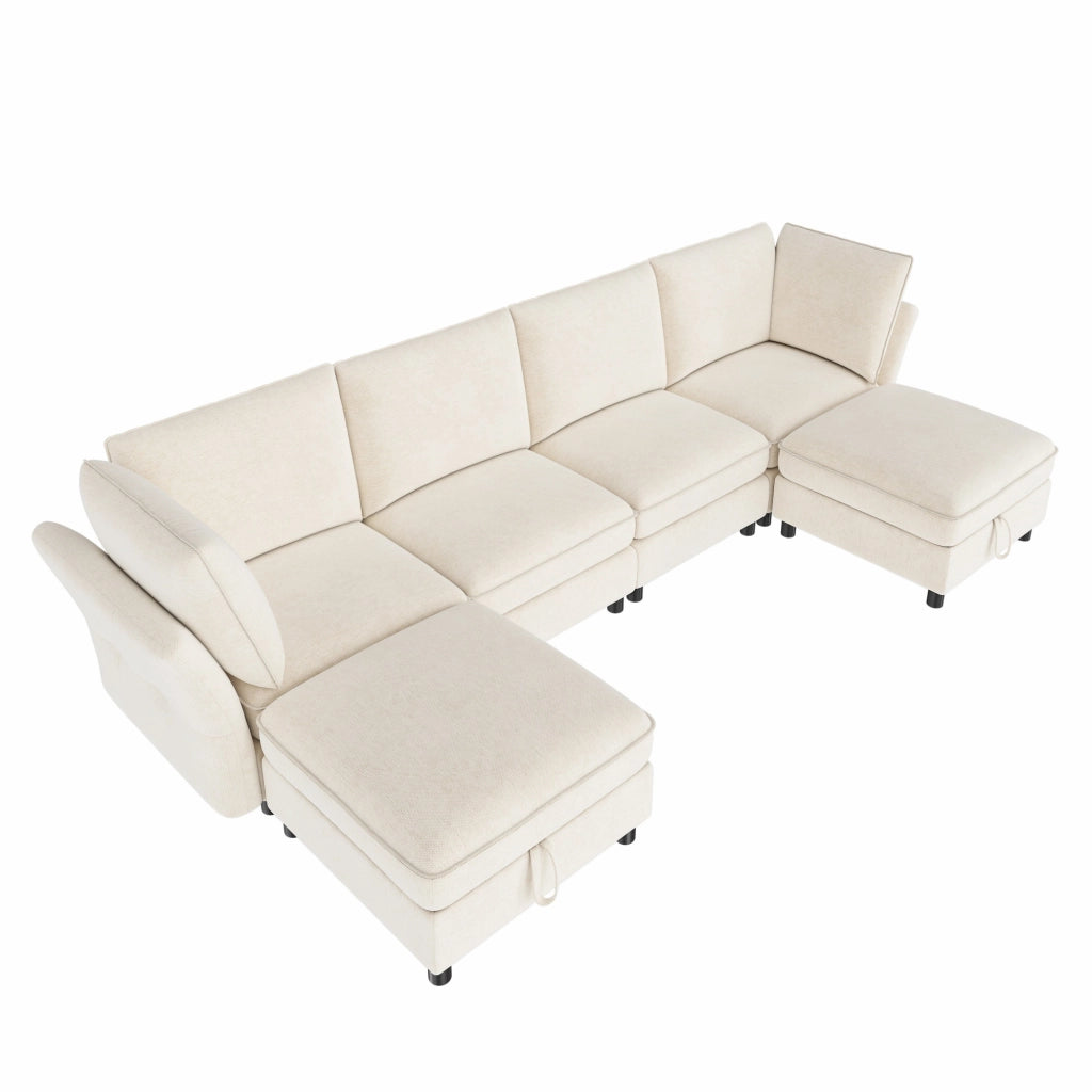 Divano modulare a U 6–7 posti con pouf contenitore, tessuto Chenille, Beige