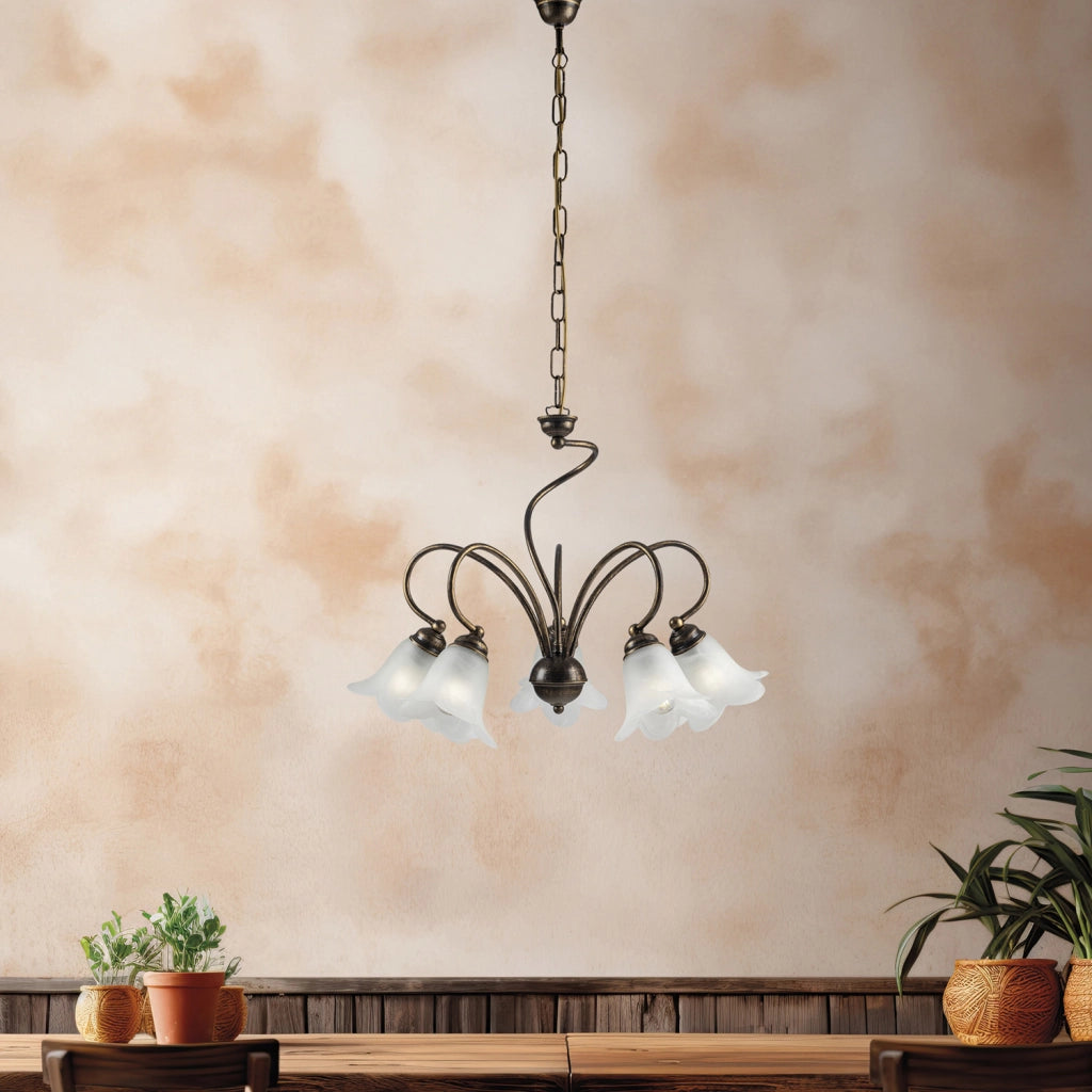 Lampadario 5 Luci Alice Ferro Battuto Marrone E Oro Vetro Bianco