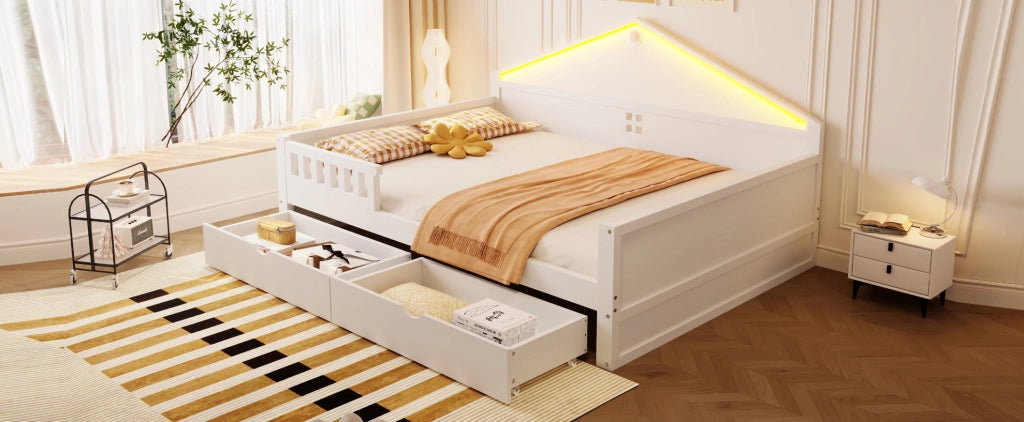 Letto ULEVR 140x200 cm con LED controllabile via smartphone e 2 cassetti, bianco