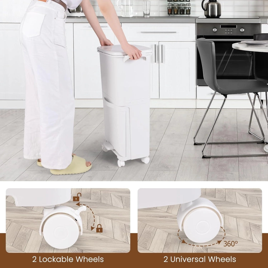 Pattumiera 2 Scomparti 40L, con Pedale, Ruote e Coperchio, Contenitore per Rifiuti Inclinabile, Sistema di Raccolta Differenziata per Cucina (40 L)