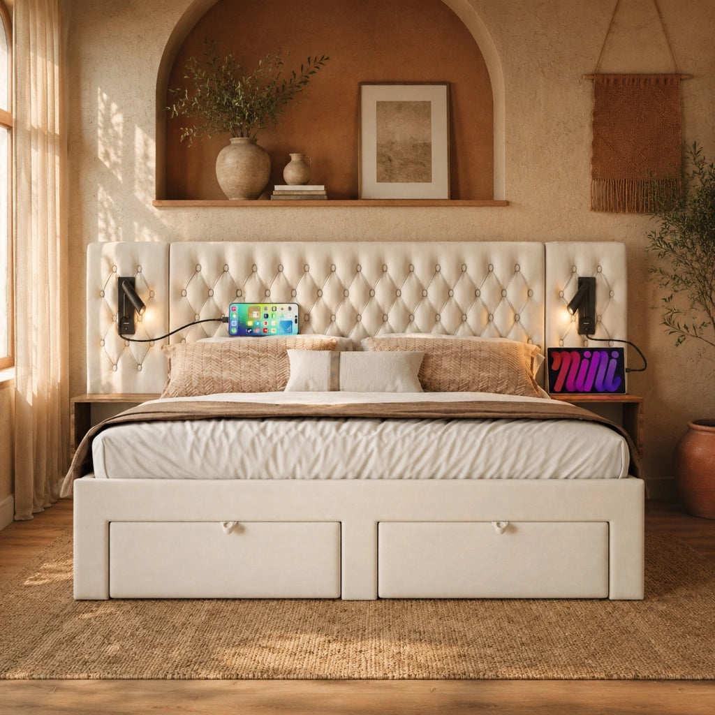 LETTO imbottito Vintage 160x200 cm Velluto Beige con 2 comodini e 4 cassetti