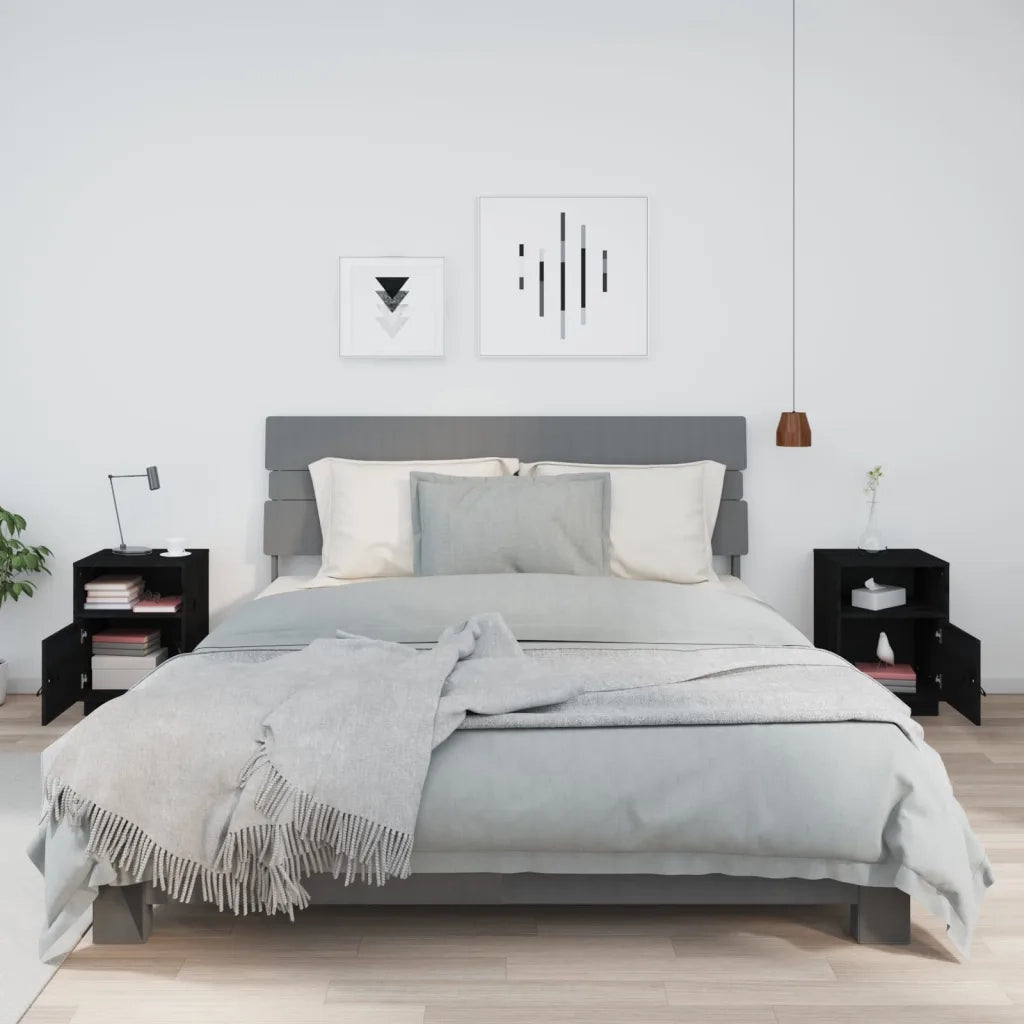 Set di 2 Comodini | Armadio da Notte | Mobiletto da notte Neri 40x34x55 cm in Legno Massello di Pino