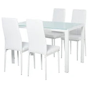 Set 5 Pezzi con 1 Tavolo e 4 Sedie per Cucina o Sala da Pranzo in Finta Pelle, Metallo e Vetro Temperato, Bianco