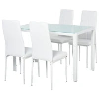 Set 5 Pezzi con 1 Tavolo e 4 Sedie per Cucina o Sala da Pranzo in Finta Pelle, Metallo e Vetro Temperato, Bianco