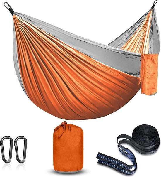 Hangmat esterno per campeggiare e escursioni - Sacca da parapendio trasportabile in arancione/grigio con nylon ultraleggero - Ideale per viaggi, trekking, giardino, prato e ombrellone da picnic 2 persone