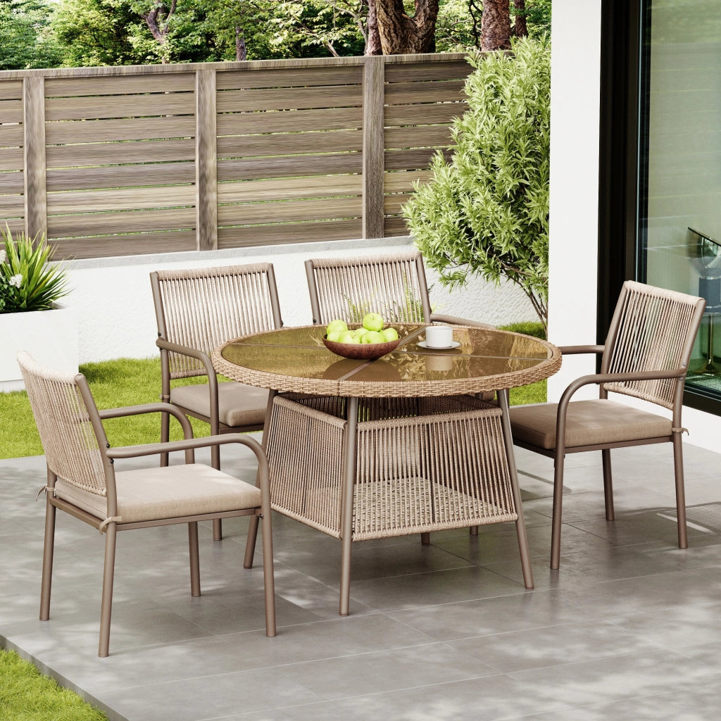 Set Tavolo Rotondo in Vetro e 4 Sedie con Braccioli in Polyrattan ¨C MINIMAL ¨C Ferro, Giardino/Balcone