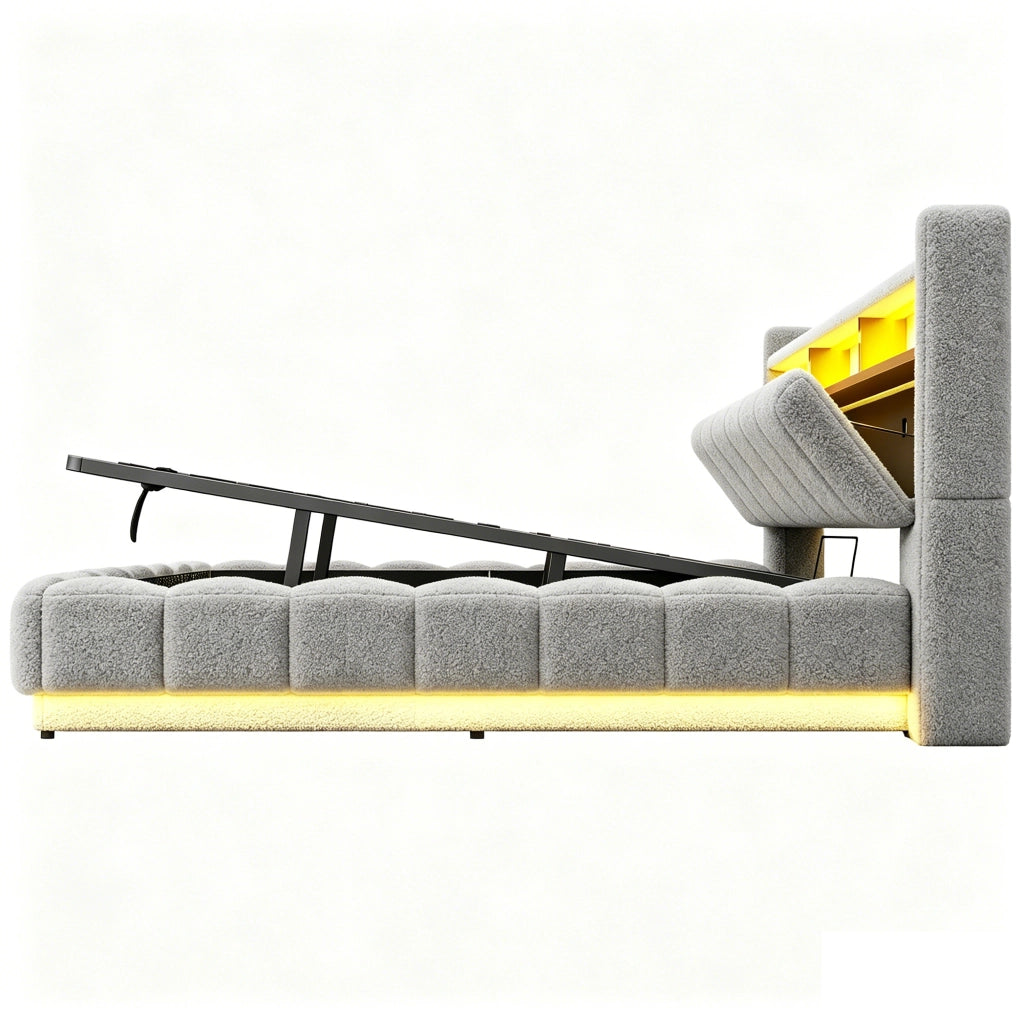 LETTO Contenitore idraulico 180x200 cm in tessuto boucl¨¦ grigio con LED e USB