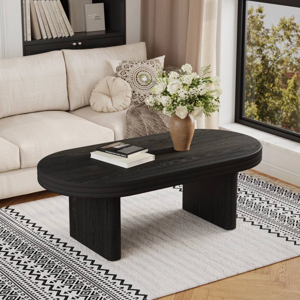 OKWISH Tavolino da Caffè Ovale con Piano Elegante, per Soggiorno o Ufficio, MDF con Impiallacciatura in Legno, Nero, 120 × 60 × 41.5 cm