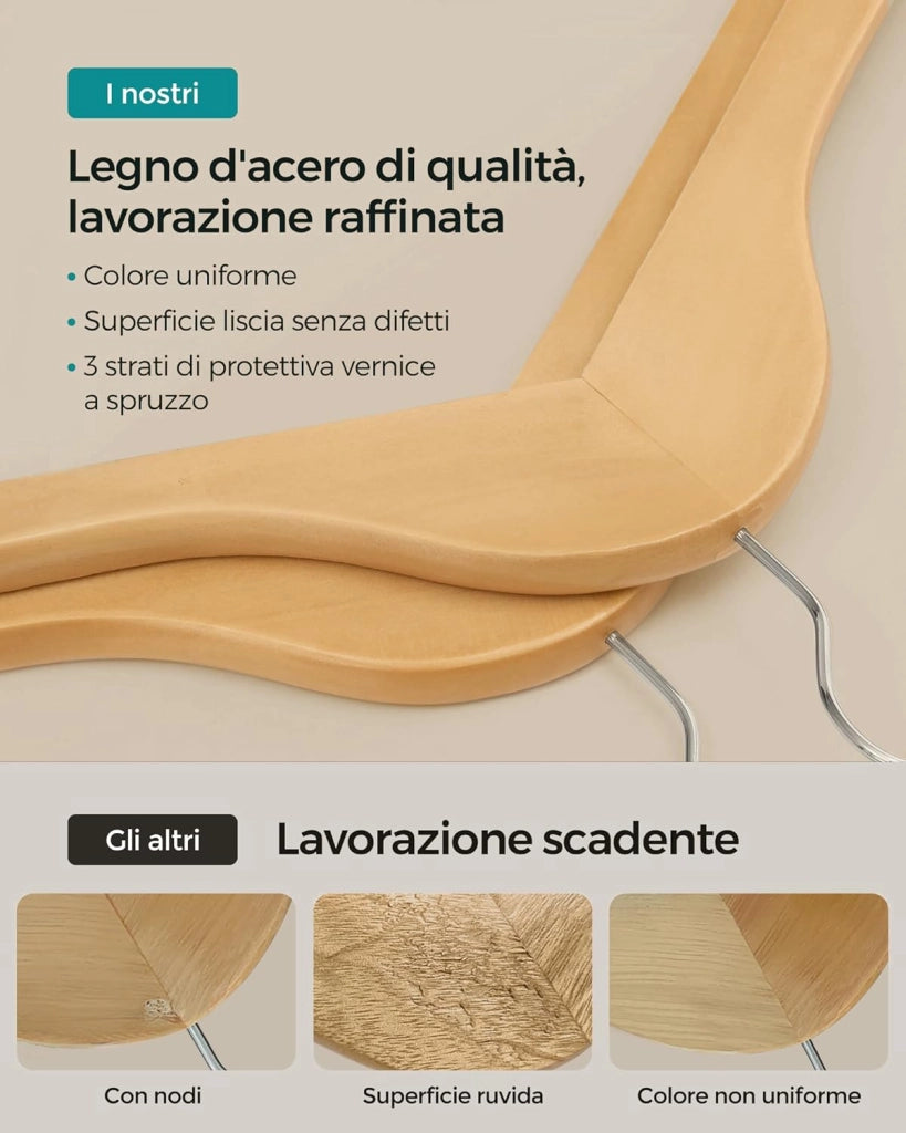 SONGMICS Stand Appendiabiti con Set di 20 Grucce in Legno, Appendiabiti con Rotelle, Asta Estensibile, Gancio Girevole a 360°, Colore Argento e Naturale HSW013S01