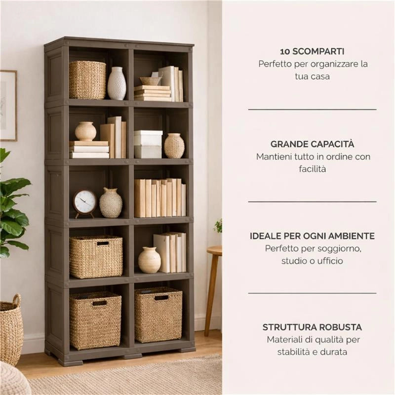 SCAFFALE 5 MODULI WENGÉ 79X42,5X203 CM CON 2 PUNTALI – LIBRERIA ALTA A VISTA SENZA ANTE PER ZONA LIVING E STUDIO