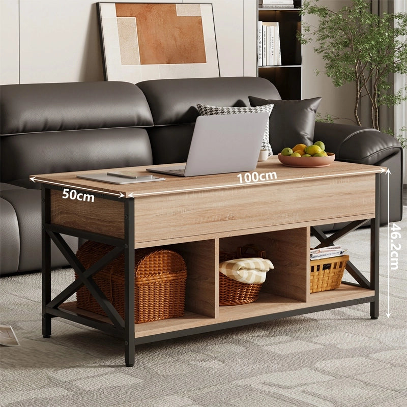 Tavolino da caffè, in legno, stile loft, allungabile, sollevabile, con contenitore, tavolo, 100 cm