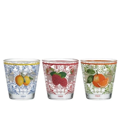 Confezione 3 bicchieri fruits h&h in vetro decorato cl 25