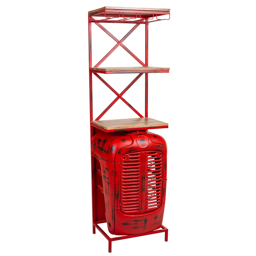 Portabottiglie trattore in legno e metallo rosso 84x40x185h