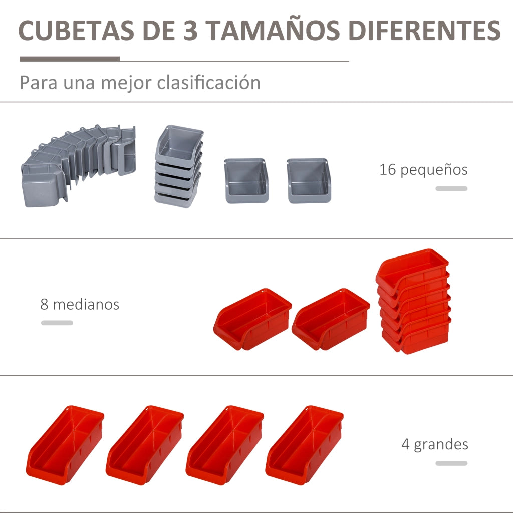 Scaffale a Parete per Utensili 95x54 cm con 28 Scatole ¨C zephmum ¨C Grigio e Rosso