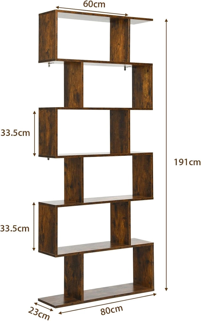 Libreria a Forma di S, Scaffale con 6 ripiani, Libreria in Legno a 6 Livelli, Scaffale per Libri, Libreria Multifunzionale, con Design di Antiribaltamento, 80 x 23 x 191 cm (Marrone)