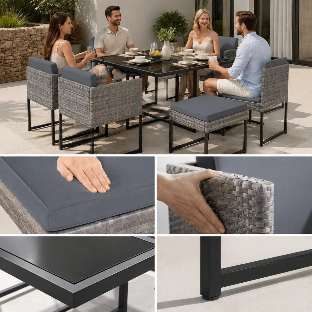 9-piece Garden Dining Set With Cushions, Poly Rattan, Grey