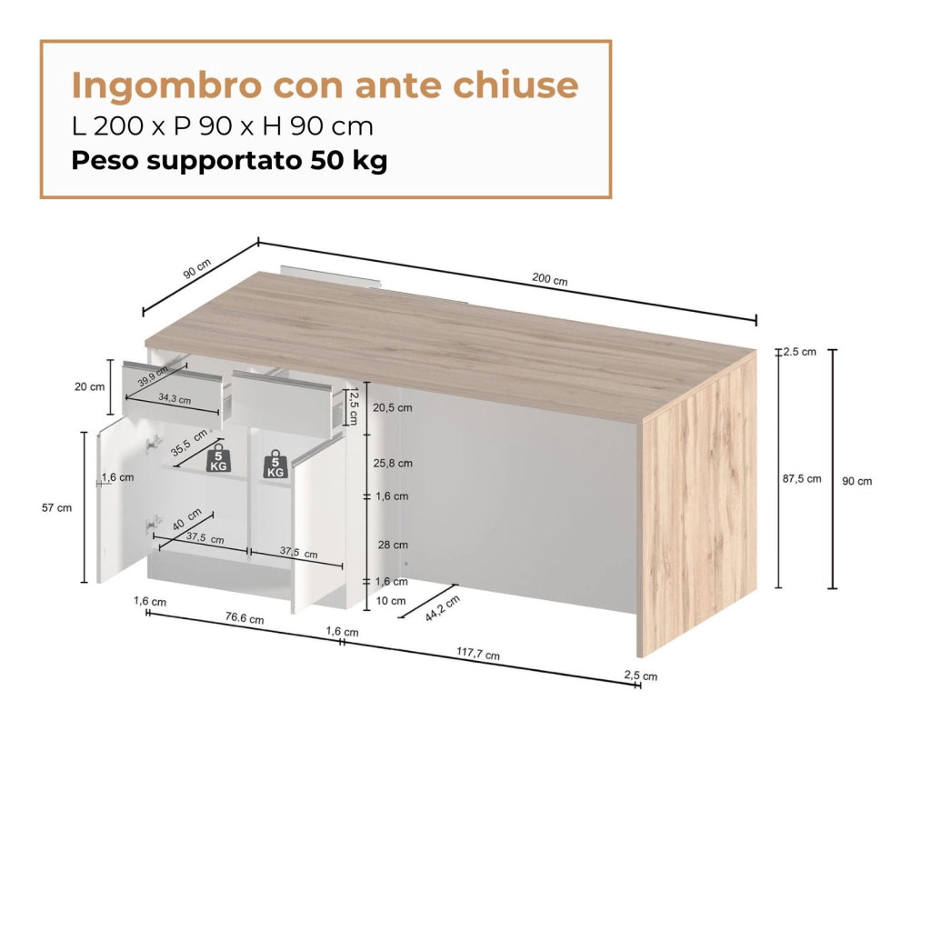WHOUS Isola da cucina Sole a 4 ante e 4 cassetti bianco lucido e rovere 200x90x90 cm