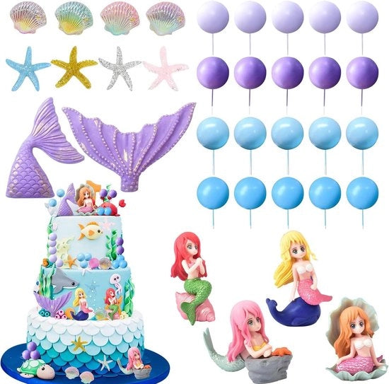 Decorazioni da torta per fiesta di principessa sirena - Decorazioni da tavola per festa di compleanno sotto l'acqua (blu) - 34 pezzi