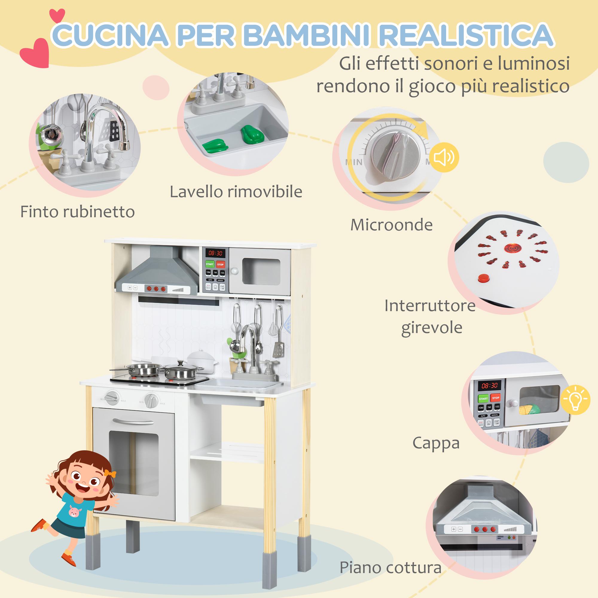 Cucina Giocattolo per Bambini 60x30,5x93,2 cm con Luci e Utensili in MDF e PP Grigio e Bianco